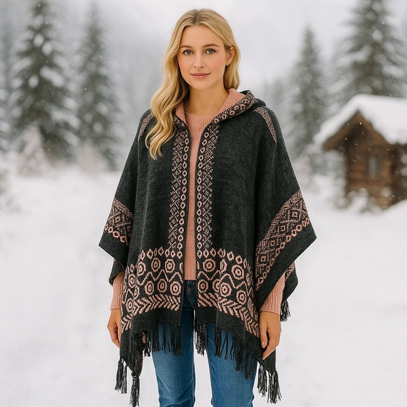 Leshop Charcoal Black Pink Melange Hooded Tassled Poncho- Size M/L - Yellowstone - Picture 9 of 9